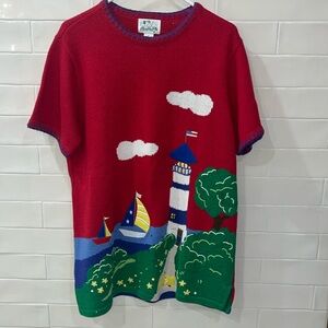 The Quacker Factory Sweater Vintage Red Short Sleeve Lighthouse Seaside Sz Med